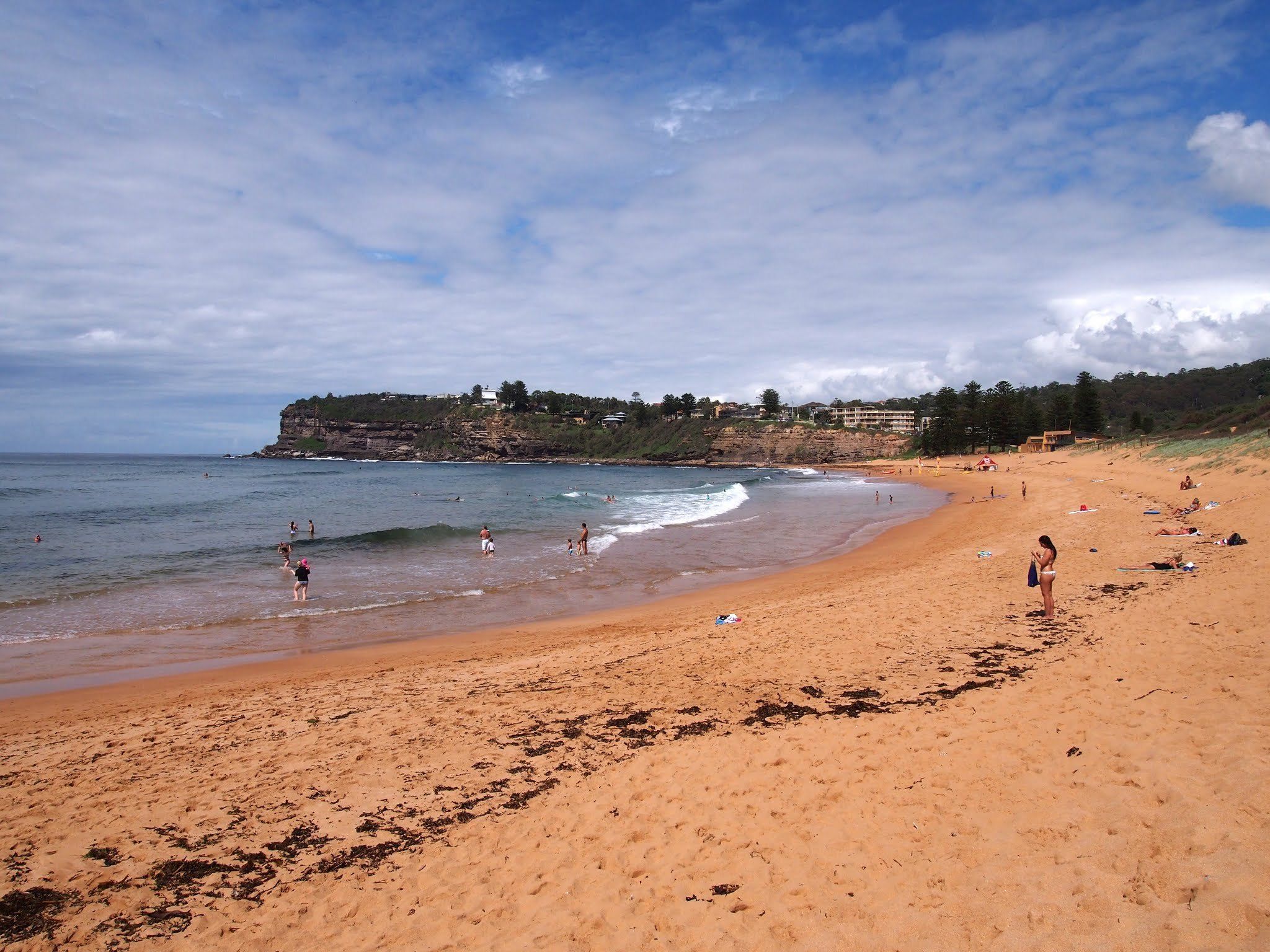 The orange sand and gentle surf of Avalon Beach, the headland beyond