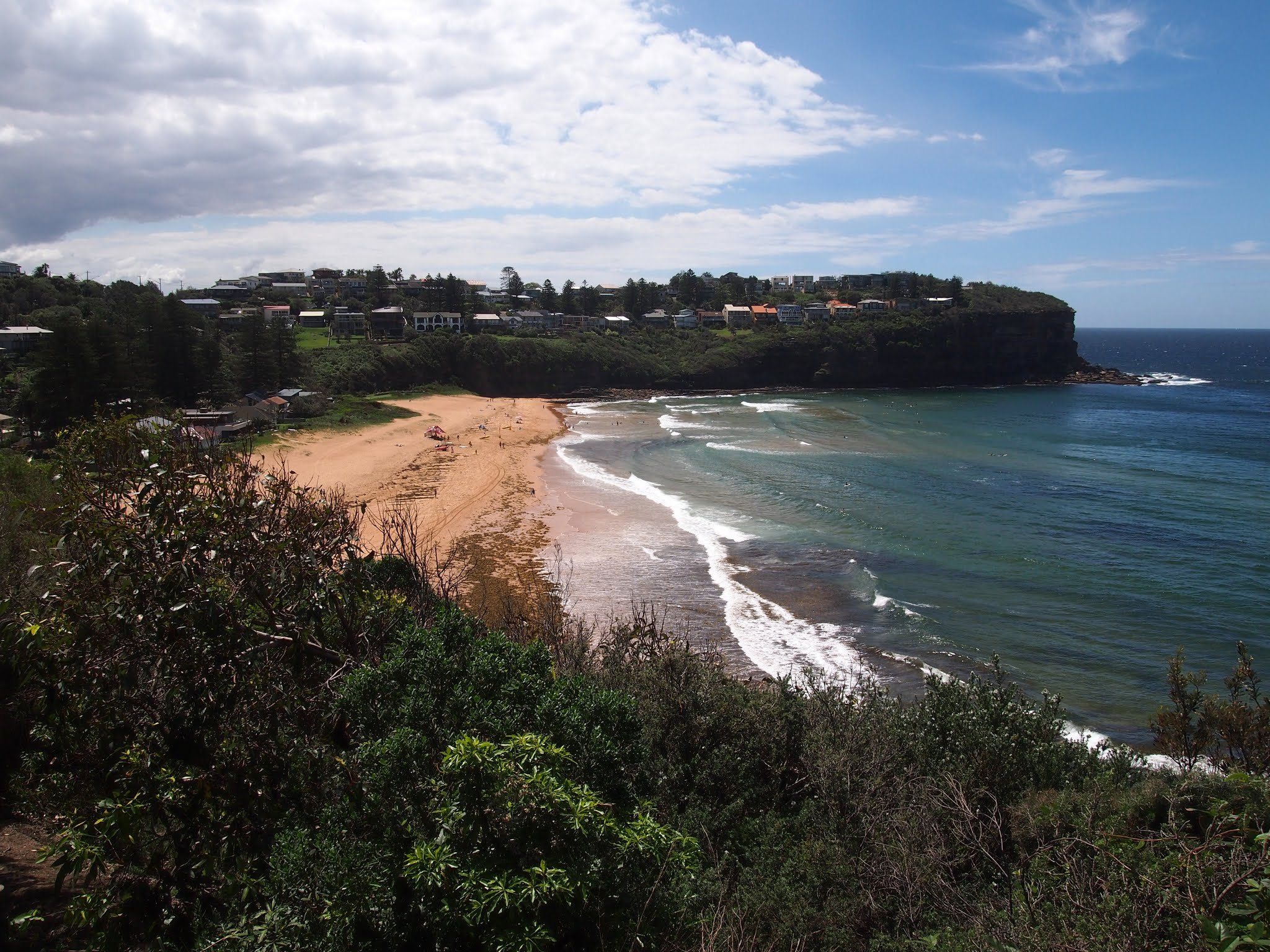 Bilgola Beach seen from the headland, surf rolling in along the curve of sand