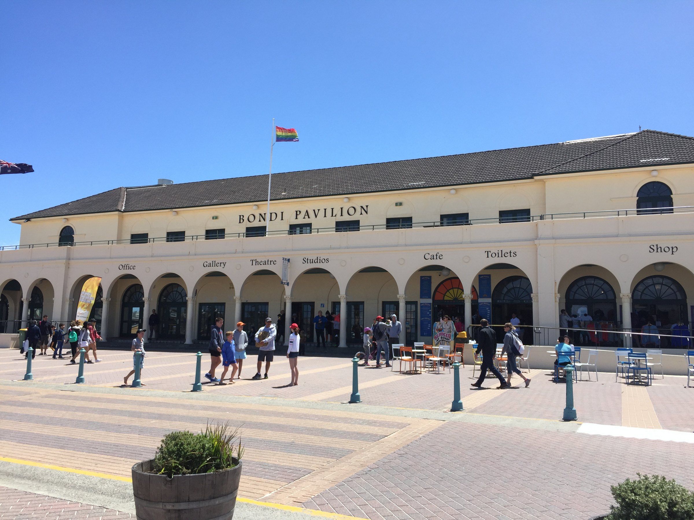 The arched front of Bondi Pavilion facing the beach promenade