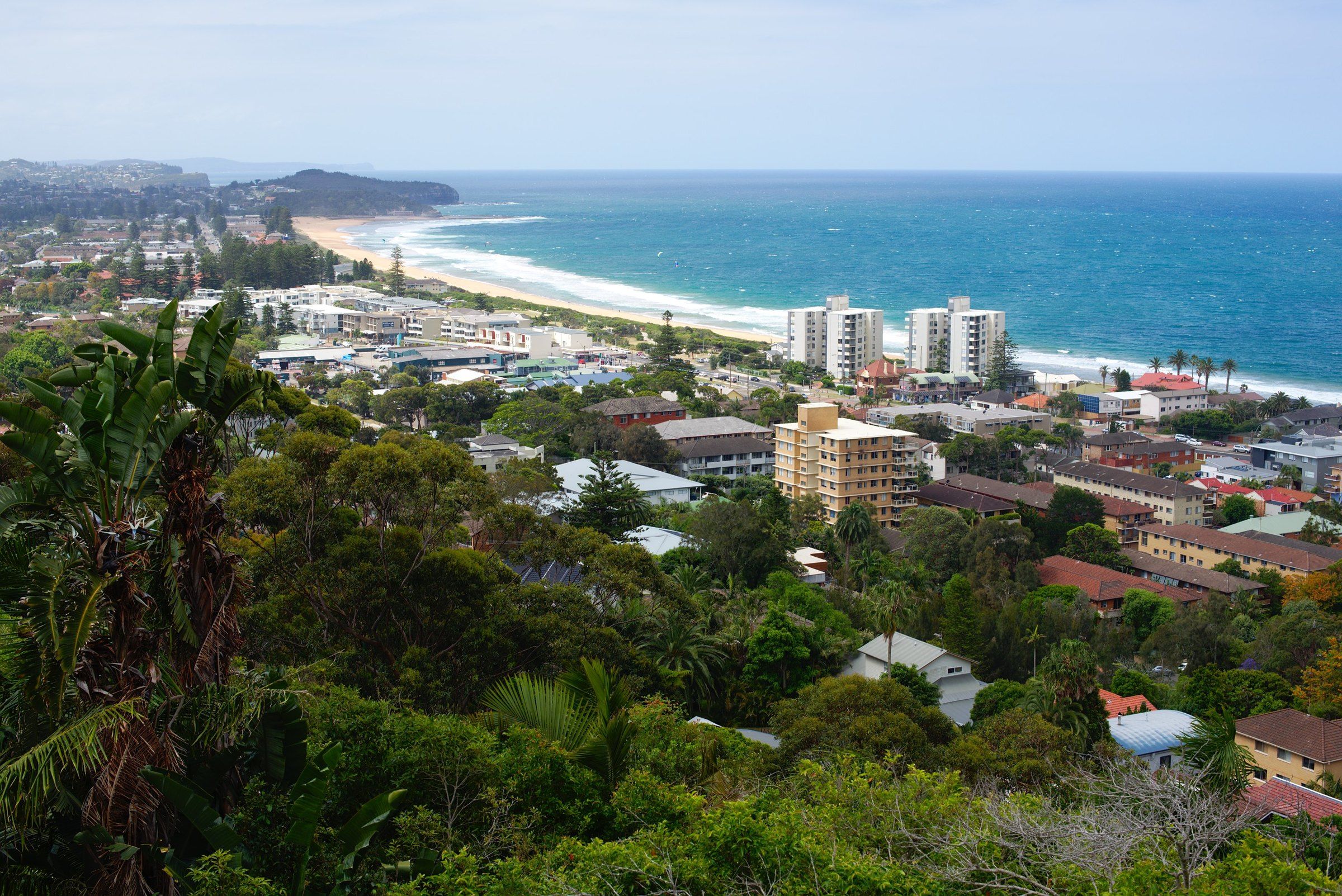 Collaroy and Narrabeen beach curving north on a sunny day, seen from the hill above