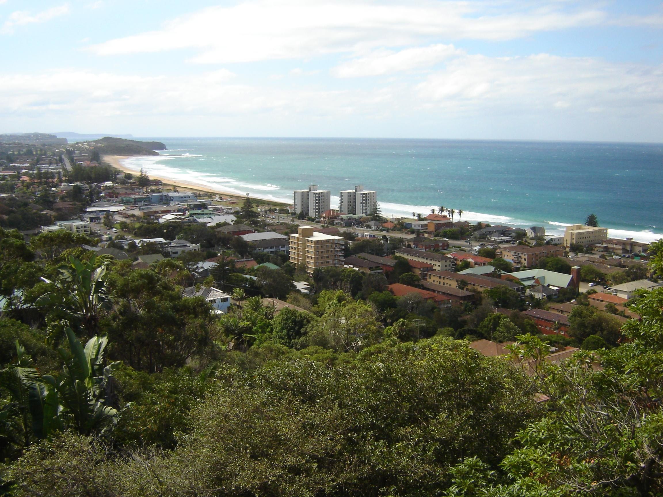 Collaroy and the long beach seen from the hill to the south on a sunny day