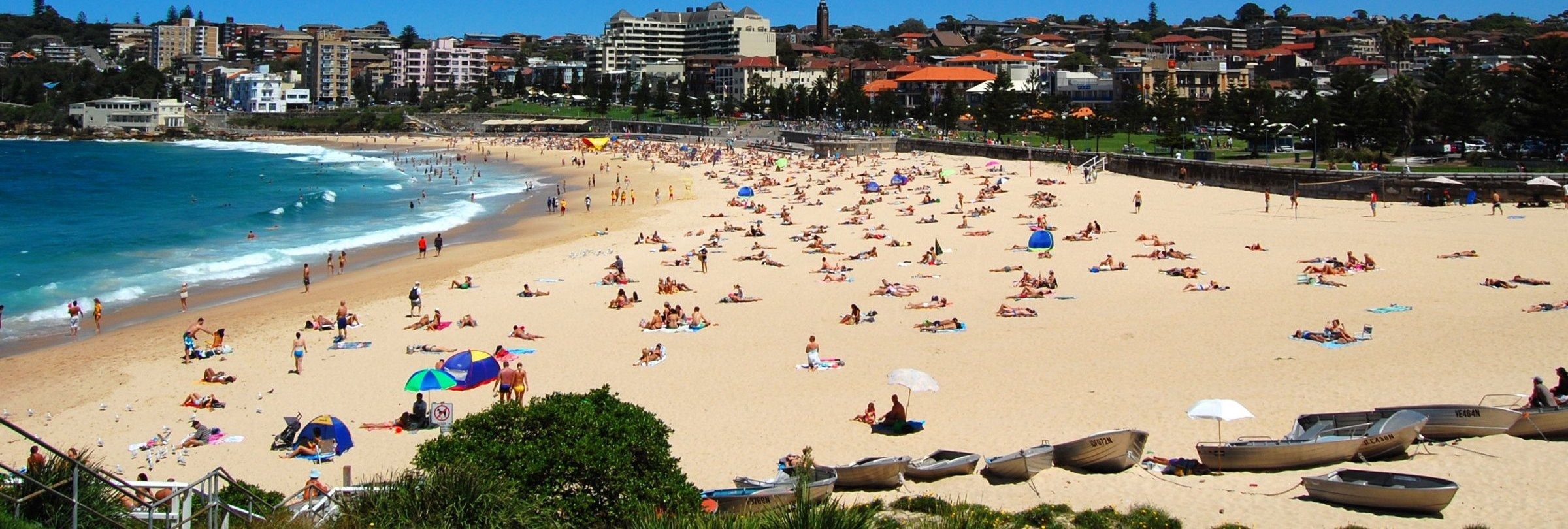 Coogee Beach on a summer afternoon, seen from Dolphin Point at the north end of the bay