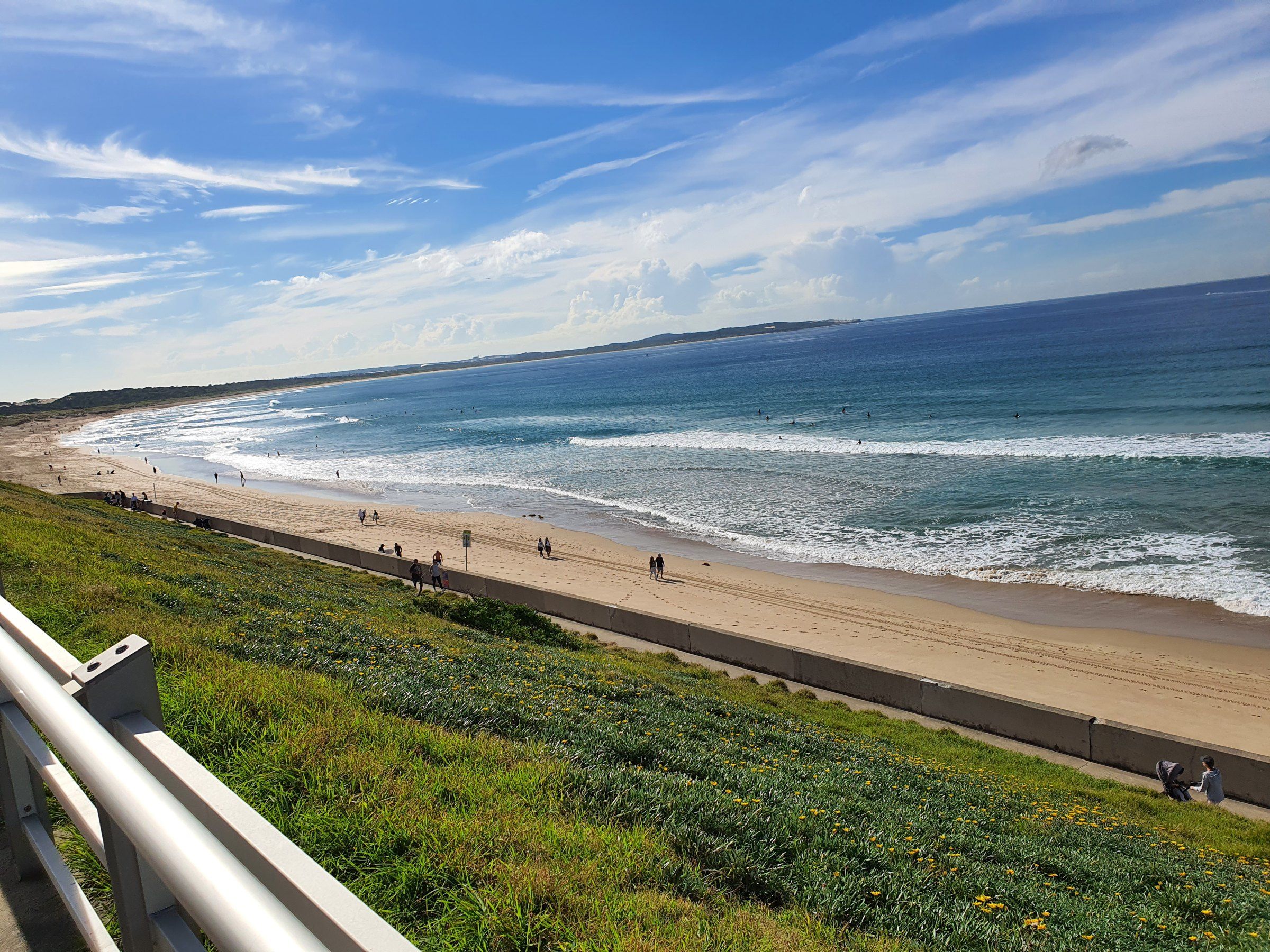 Looking north from Cronulla along the long sweep of Bate Bay beaches on a sunny day