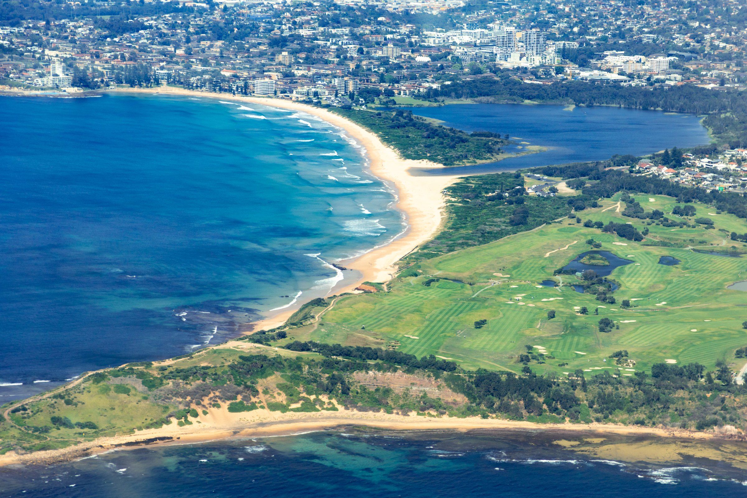 Long Reef Beach and the lagoon from the air, Dee Why behind