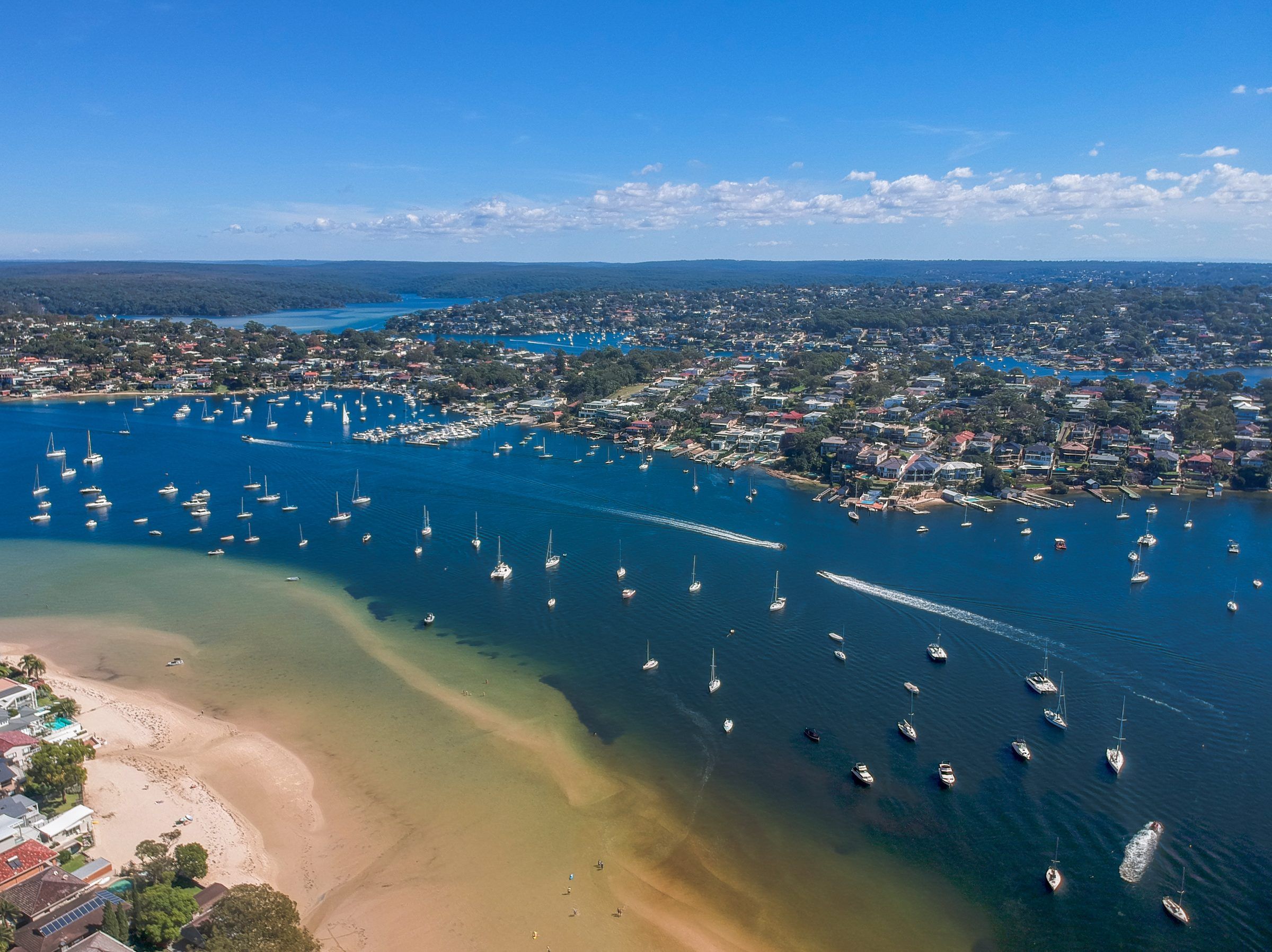 Gunnamatta Bay and its moored boats from above