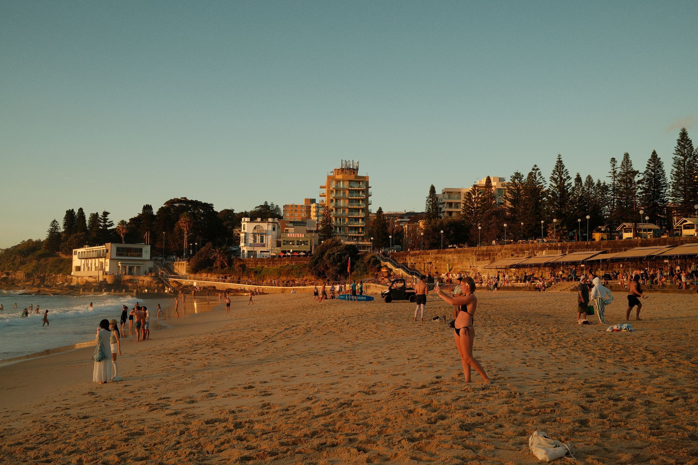 Coogee Beach at golden hour: swimmers on the sand, the promenade and Norfolk pines behind