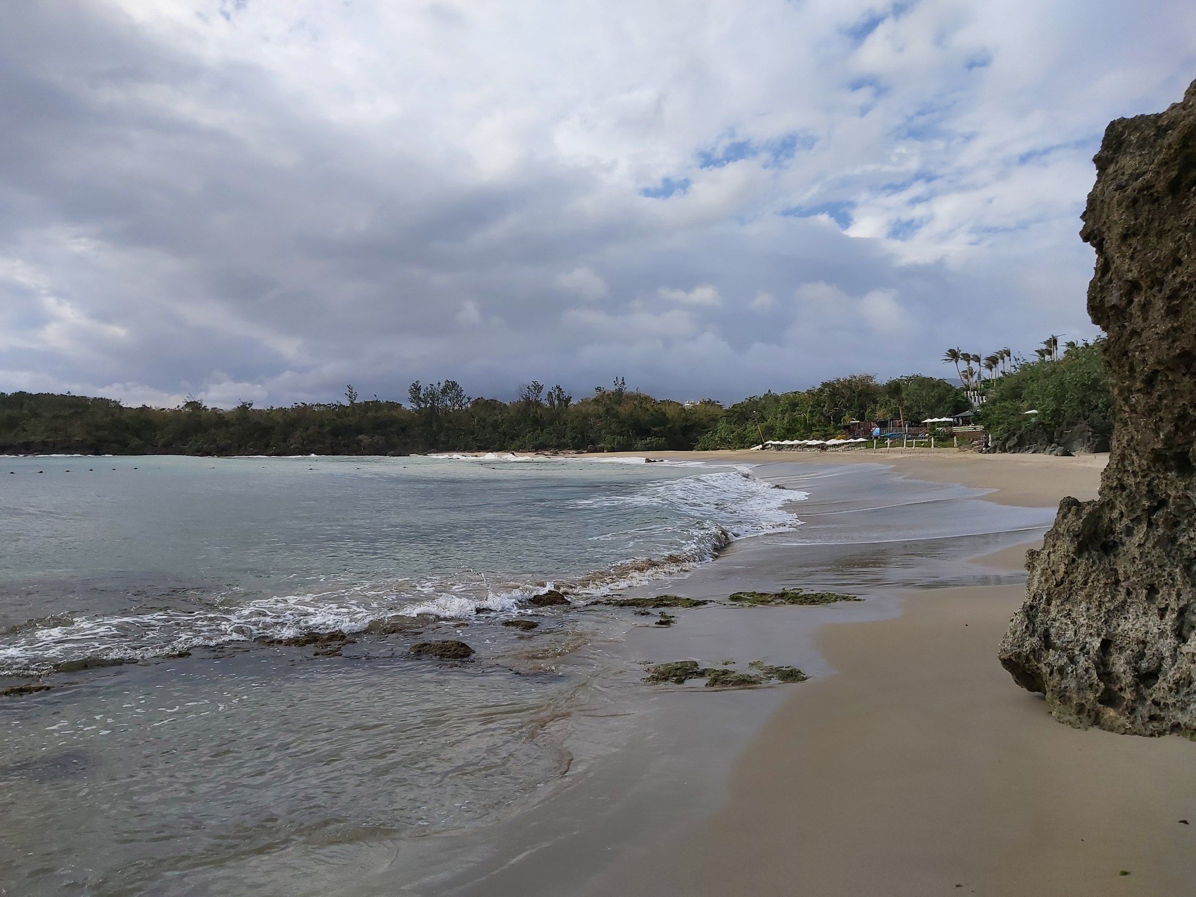 The curve of sand at Little Bay Beach between sandstone rocks, low cliffs behind
