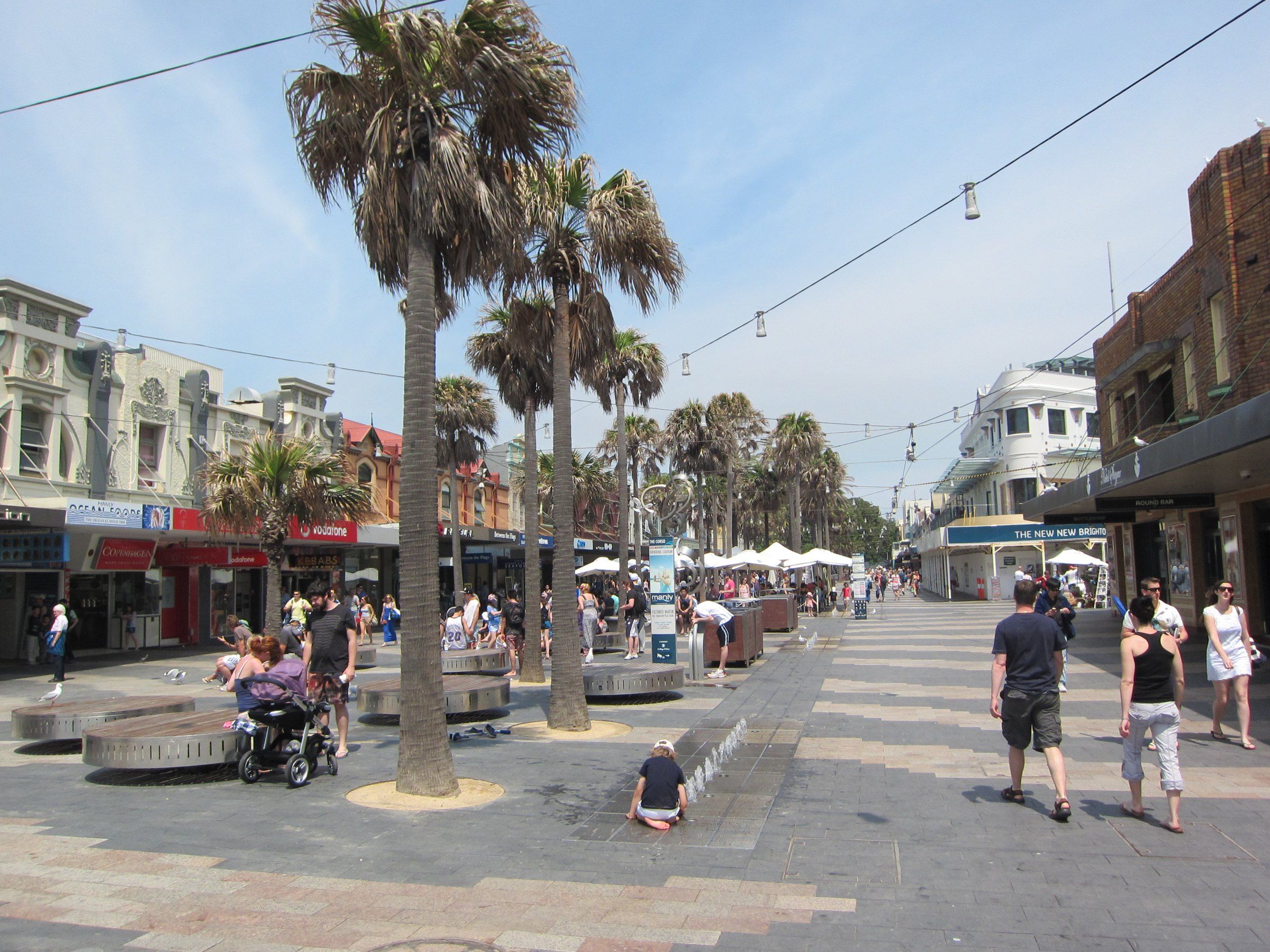 The Corso in Manly, a pedestrian street lined with palms and shops