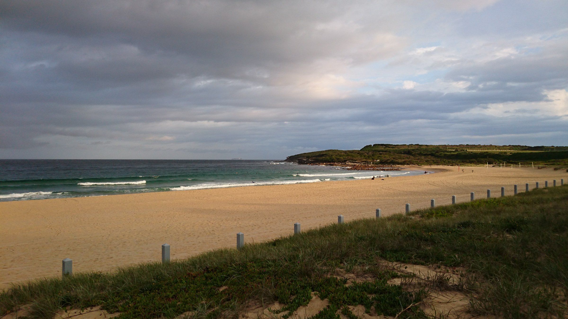 Fenced dunes and grass behind the sand at Maroubra Beach, the headland in the distance