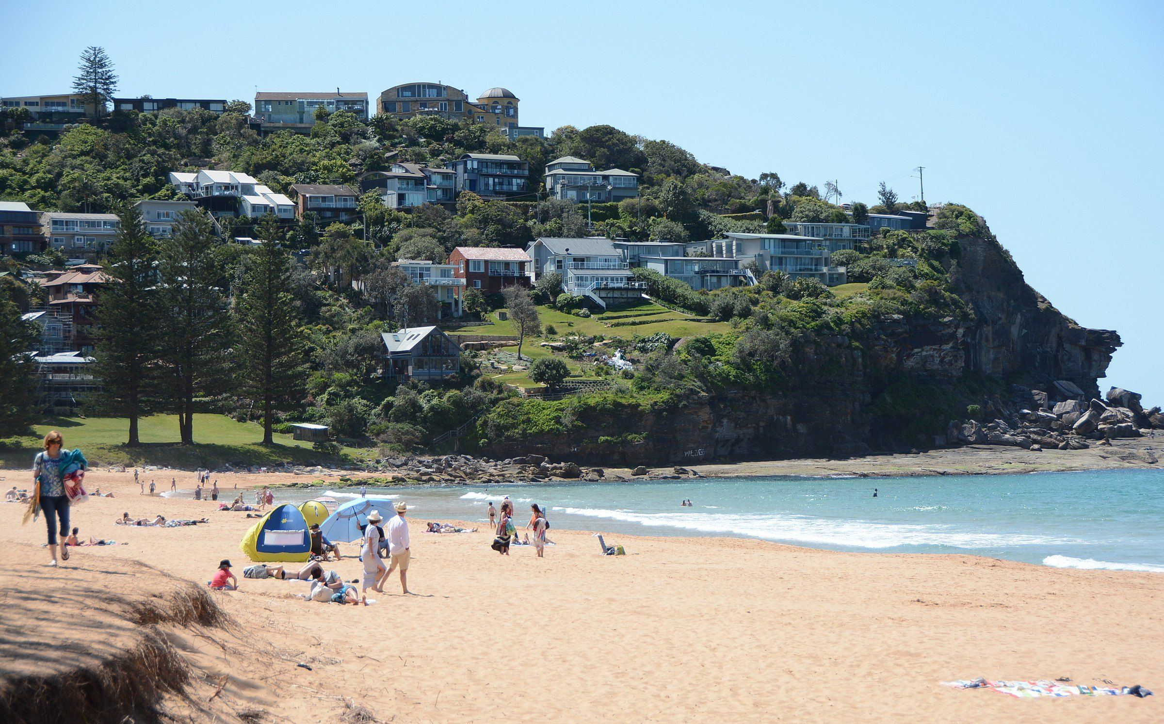 Swimmers on Whale Beach below the houses on the headland