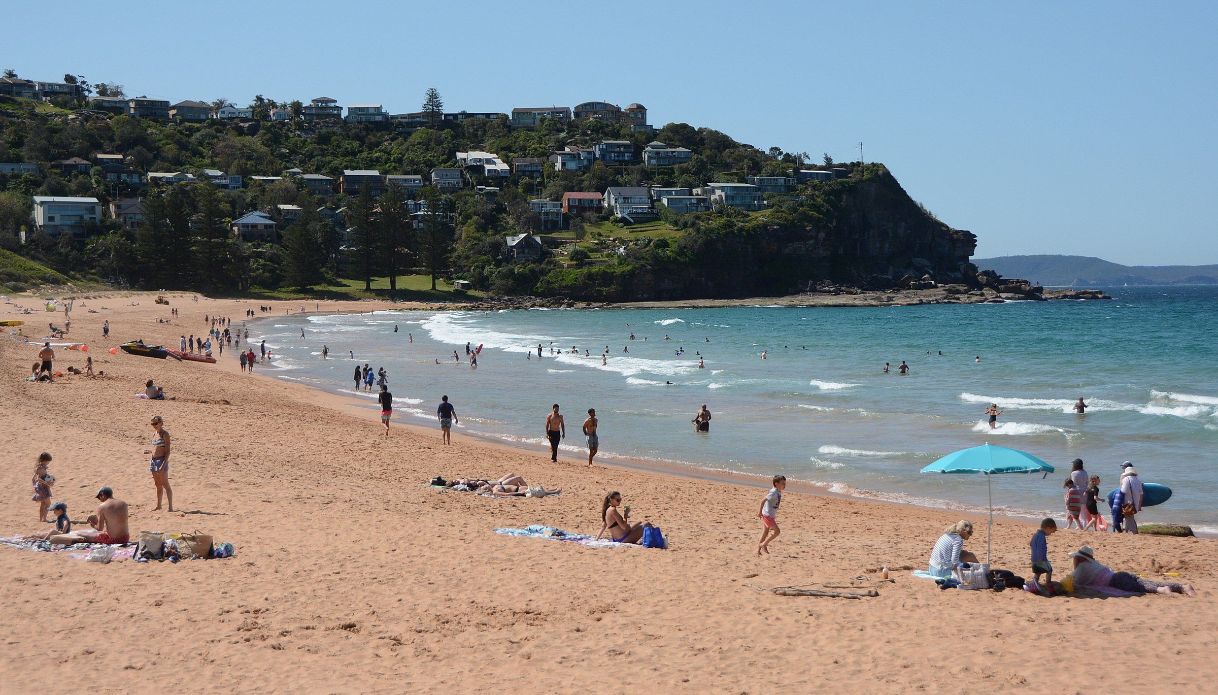 Whale Beach on a sunny day, swimmers in the surf and the headland behind